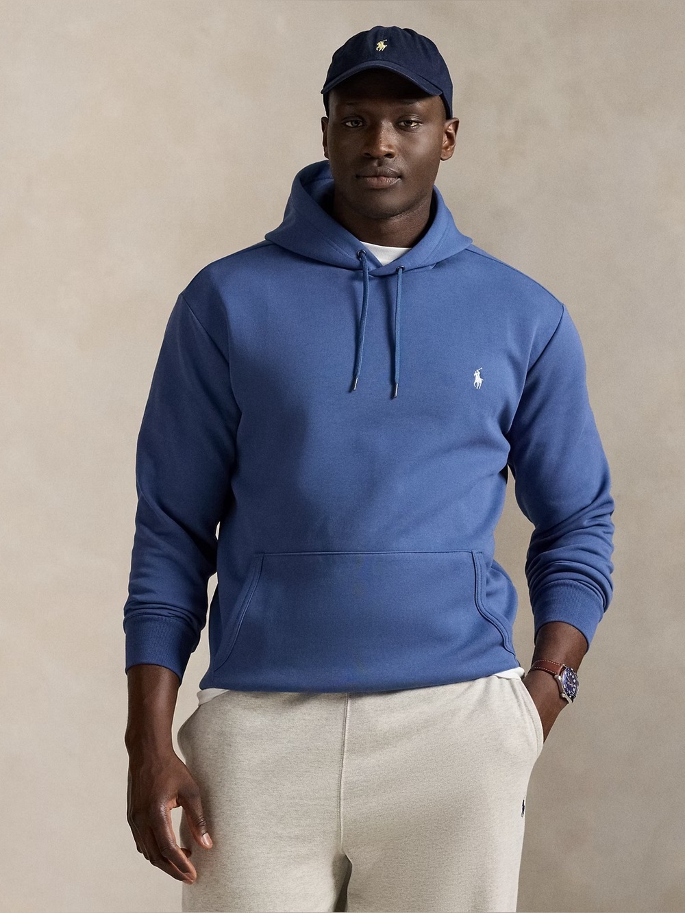 Polo Ralph Lauren Double-Knit Hoodie Men’s Drawstring Pocket Ribbed Hem Blue